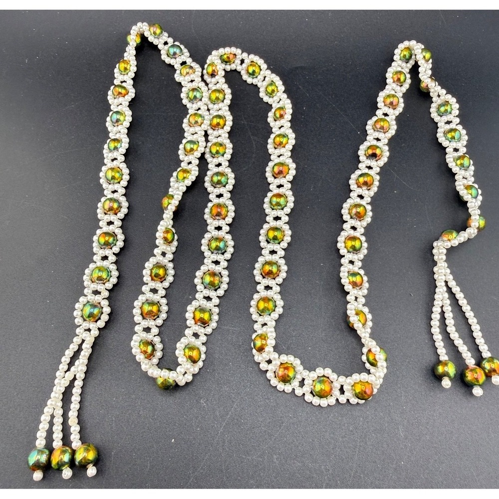 Vintage Beaded Tassel Necklace Multicolor Iridescent Plastic 46in